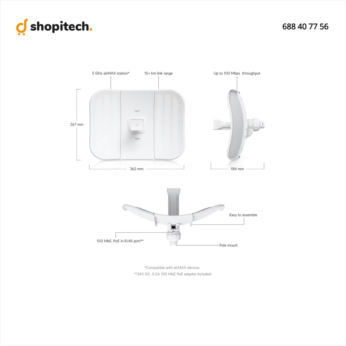 CPE Ubiquiti LiteBeam M5 LBE-M5-23 - fixation et connectique